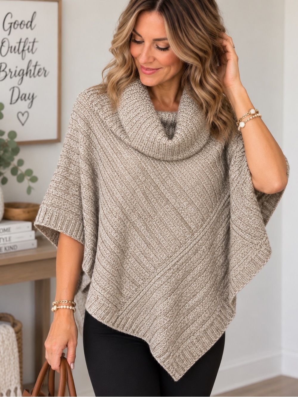 Karen Scott Taupe Cowl Neck Poncho Sweater
